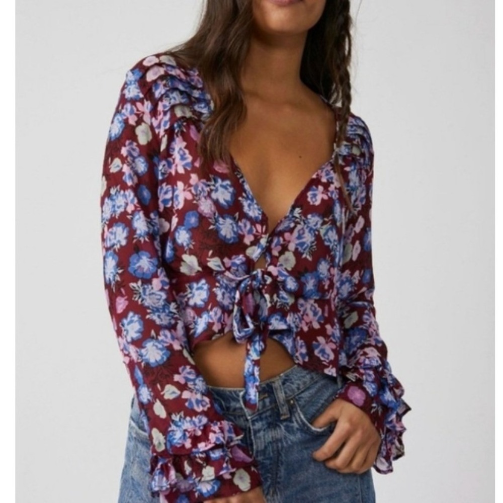 Free People Maybel Sheer Floral Blouse Ruffle Peasant Med‎ Boho Cottage Romantic